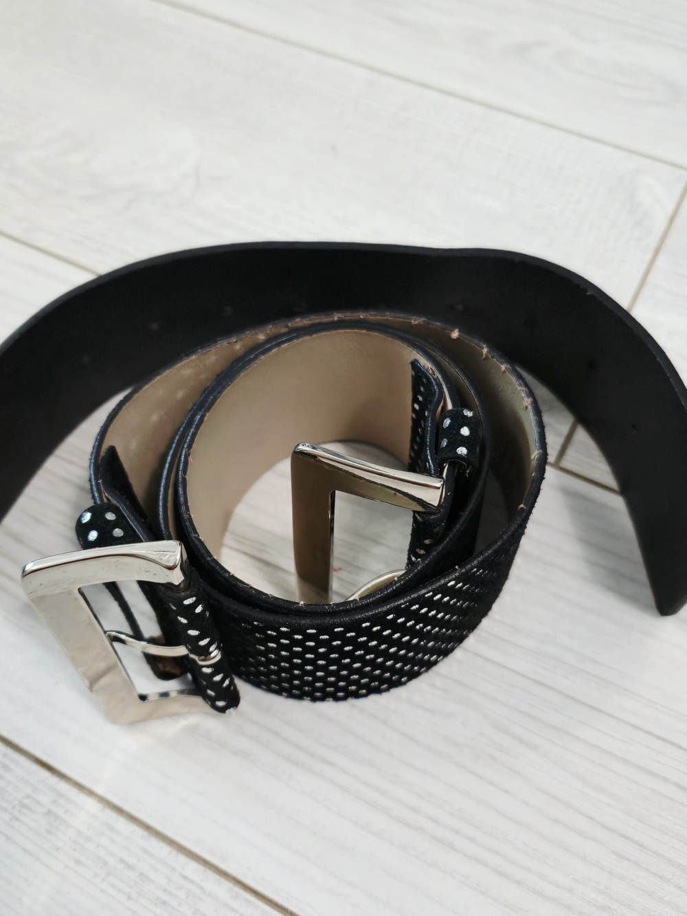 Garuglieri Italian Leather Black Studded Double-Buckle Waist Belt/ Silver Size L - Picture 7 of 12